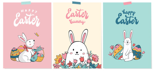 Easter greeting cards, posters, banners, invitations collection decorated with lettering quotes, bunnies and doodles. EPS 10
