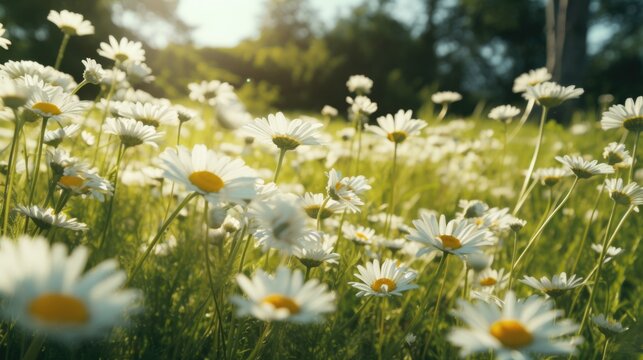 Banner with chamomile field