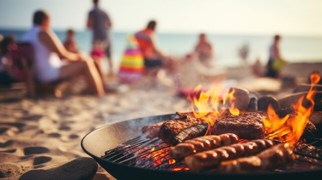 Barbecue party with people in the background, grilled meat beach party