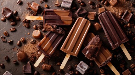 Chocolate and coffee popsicles variety overhead view - obrazy, fototapety, plakaty