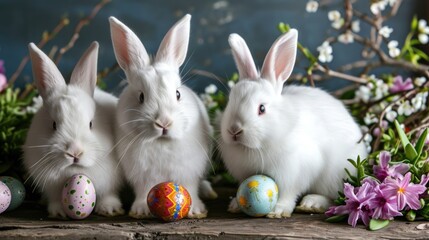 Three fluffy white rabbits are sitting among Easter eggs and spring flowers, a banner