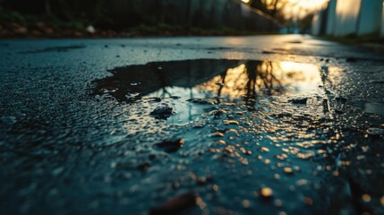 Fototapeta premium Puddle on the asphalt at sunset