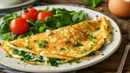 Omelet with cottage cheese and spinach - obrazy, fototapety, plakaty