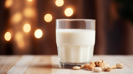 Cashew milk in the glass on the table bokeh lights