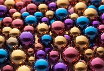 abstract balls made of multi-colored glass and multi-colored chrome mixed randomly scattered on a white background