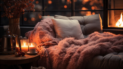 Moodboard, best montage. Winter night, fireplace, hot chocolate,