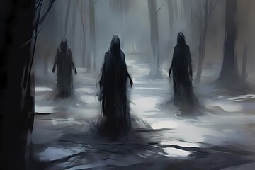 ghosts in a winter landscape, a gloomy picture, a scary story