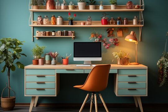 Freelancer's home office with vibrant colors and a lively atmosphere, promoting productivity and joy, Generative AI