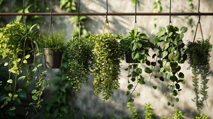 Plants in the greenhouse. Potted plants, hung on a metal rod in summer garden.