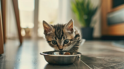 Cute little grey kitten eating from pet bowl on floor in the minimal kitchen interior, copy space. Food for domestic cats, dry pet foods.