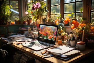 Freelancer in a home office adorned with plants, fostering a serene and joyful work environment, Generative AI - obrazy, fototapety, plakaty