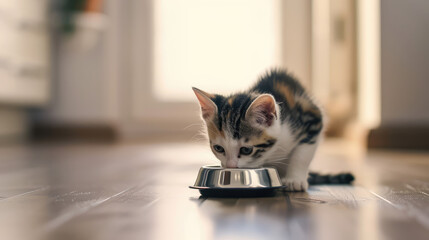 Cute little grey kitten eating from pet bowl on floor in the minimal kitchen interior, copy space....