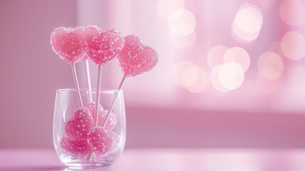 Valentine's day banner template with copy space. Closeup Sweet candies on a stick in the shape of a heart in a glass vase on a pink background.