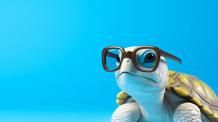 Close up portrait of a turtle in white toy glasses
