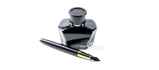 Inkwell and quill isolated on a white background. Glass bottle with mascara. Black liquid in a glass bottle.