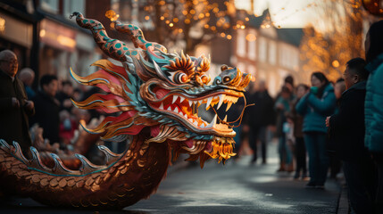 Chinese New Year Dragon Dance in a Street - obrazy, fototapety, plakaty