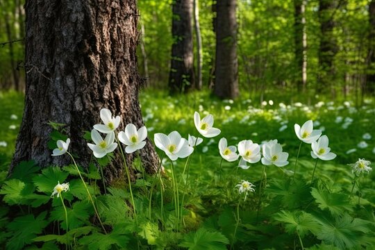 landscape nature beautiful tree grass green anemones forest flowers white