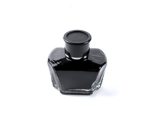 Inkwell isolated on a white background. Glass bottle with mascara. Black liquid in a glass bottle.