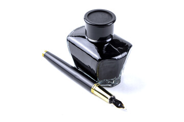 Inkwell and quill isolated on a white background. Glass bottle with mascara. Black liquid in a glass bottle.