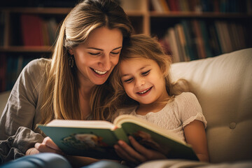mother and daughter read a book together and smile