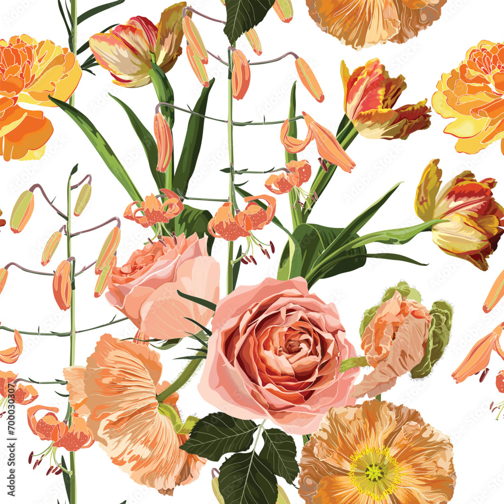 Wall mural Seamless floral pattern with orange glossy lilies flowers, tulips, roses and leaves on a white background.  - Wall murals