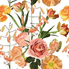 Seamless floral pattern with orange glossy lilies flowers, tulips, roses and leaves on a white background.  - 700030307