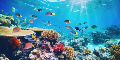 Fototapeta na wymiar Fish over coral reef, underwater view