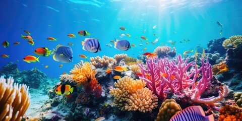 Fototapeta na wymiar Fish over coral reef, underwater view