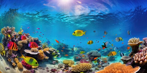 Fototapeta na wymiar A school of colorful tropical fish swims in the coral reef, fisheye photography