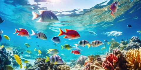 A school of colorful tropical fish swims in the coral reef, fisheye photography