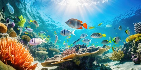 Fototapeta na wymiar A school of colorful tropical fish swims in the coral reef, fisheye photography
