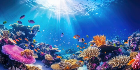 Fototapeta na wymiar A school of rainbow-colored fish swims in the coral reef, infrared photography, realistic, 64K, HDR 