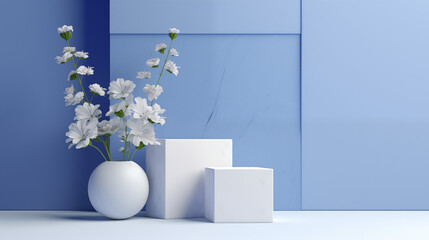 white vase and square object with blue background, 3d background, abstract background, 3d render, generate ai