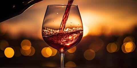 A wine glass continuously overflowing with red wine. Golden light background. sunlight, stunning lighting.  - obrazy, fototapety, plakaty