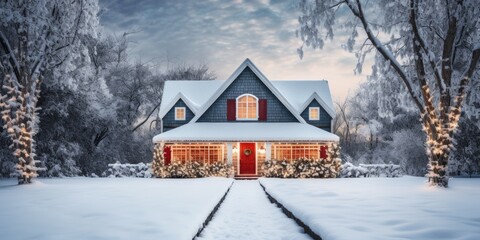 An american east-coast style house in the snow with warm welcoming lights in the windows, a light...