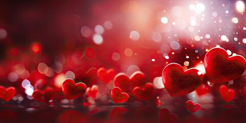 Bright red hearts abstract bokeh background, Bright color, ultra realistic copy space 