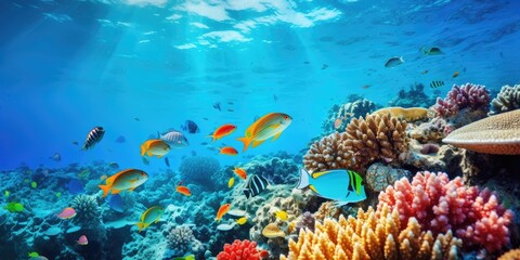 Multiple tropical fish in cyan blue water in a coral reef copy space