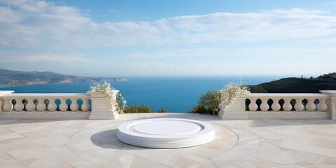 Sea-view backdrop complements elegant white marble podium copy space