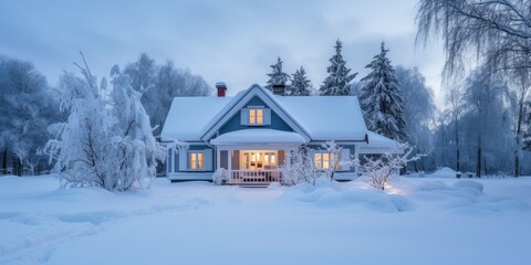 The front of exterior of house or cottage covered in deep snow in winter evening copy space 