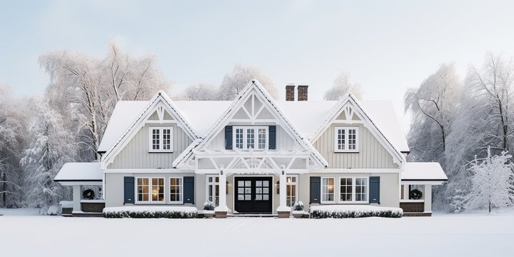 Swedish-hygge-modern mansion, snowy, cozy, windows, house facade photo copy space 