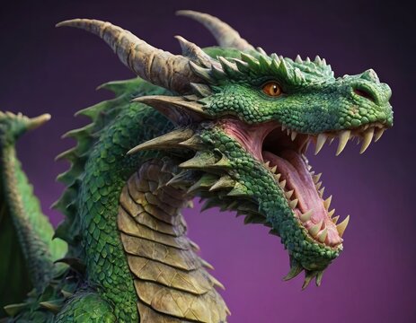 Green dragon with open mouth, realistic digital art.