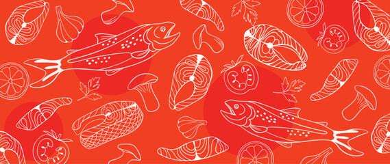 Salmon pattern texture background vector. Abstract salmon meat on orange background with salmon fish, lemon, tomato, mushroom. Design illustration for Japanese Restaurant, website, banner, packaging.