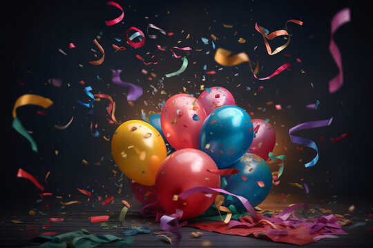 Colorful balloons and confetti on wooden floor. 3D rendering