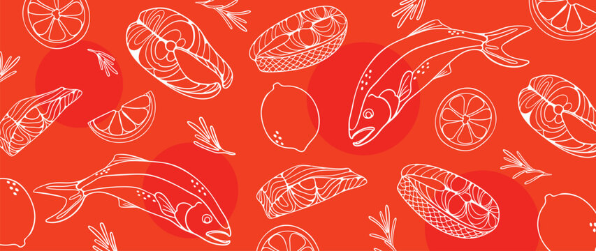 Salmon steak pattern texture background vector. Abstract salmon meat on orange background with stripes salmon line art, lemon. Design illustration for Japanese Restaurant, website, banner, packaging.