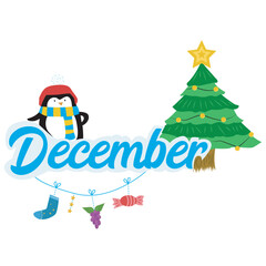 Christmas illustration with penguin december typography style vector graphics