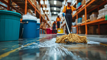 Cropped shot of janitors cleaning warehouse floor - obrazy, fototapety, plakaty