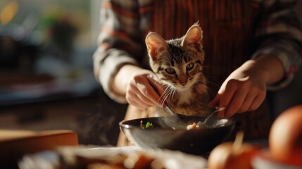 A person holding a cat in their hands while they are cooking, AI