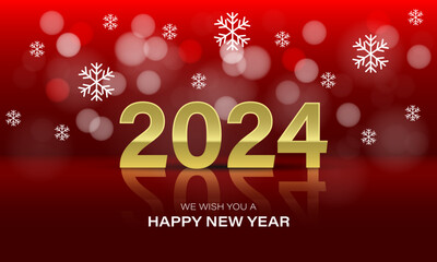 Happy New Year 2024 golden number white snow fake bokeh blur on blue luxury design for holiday festival celebration countdown background vector