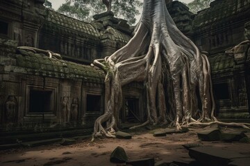 Roots of a giant tree growing over the ancient ruins of Ta Prohm temple in Angkor Wat, Siem Reap, Cambodia. Generative AI - obrazy, fototapety, plakaty