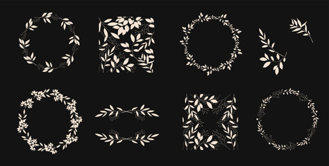 Fototapeta premium Botanical circle frame. Hand drawn round line border, leaves and flowers, wedding invitation and cards, logo design and posters template. Elegant minimal style floral vector isolated set